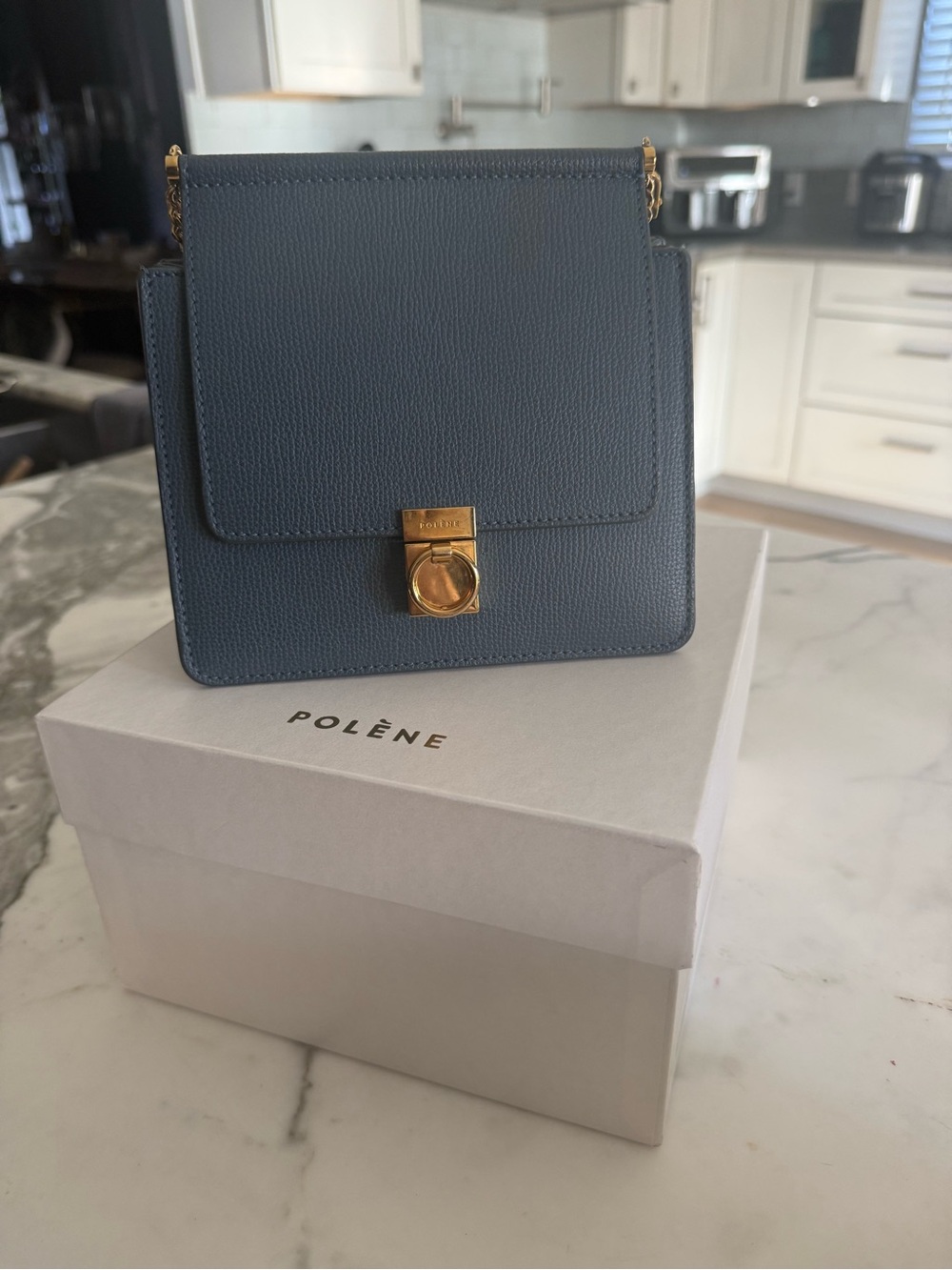 Blue Leather Mini POLENE NumeroSeptember Shoulder Bag with Gold Hardware.